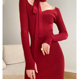 Long Sleeve Burgundy Dress Formal Autumn Winter Long Dress Slim Fit Hip Knitwear Dress for Women