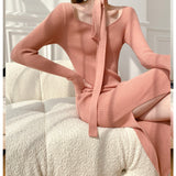 Long Sleeve Burgundy Dress Formal Autumn Winter Long Dress Slim Fit Hip Knitwear Dress for Women