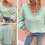 Women Pullover Knit Sweater Autumn and Winter V-neck Sweater Head Striped Sweater for Women