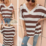 Women Pullover Knit Sweater Women's Autumn V-neck Striped Short Sleeve Sweater