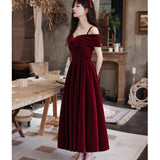Burgundy Dress Formal Sling Velvet Engagement Dress Women