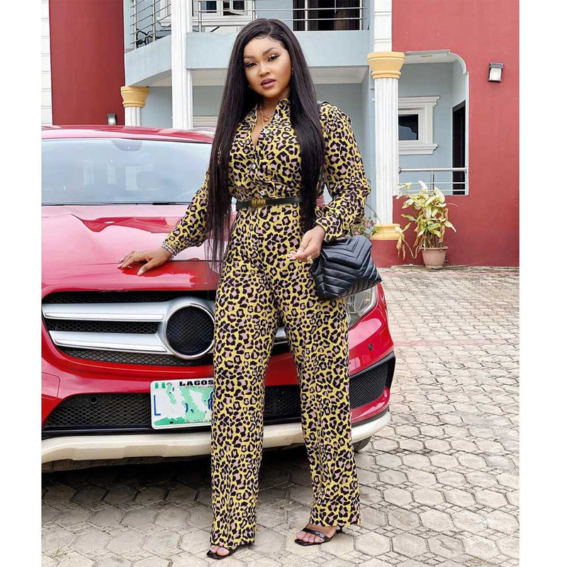 African Women's Wear Clothing Leopard Print Printed Sexy Single-Breasted Jumpsuit African Dashiki Ankara Styles Dress