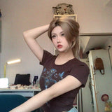 Vintage Y2g Shirts Rhinestone T-shirt Short Sleeve Women