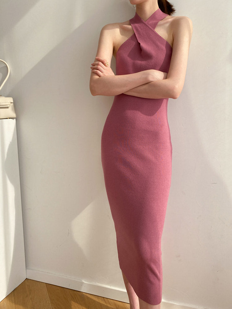 MIDI Mauve Cocktail Dress Slim-Fit over-the-Knee Knitted Dress