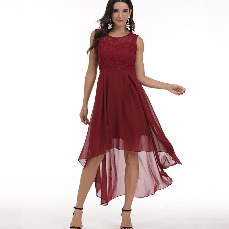 Burgundy Dress Formal Lace Stitching Big Swing Chiffon Dress Dinner Party