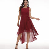 Burgundy Dress Formal Lace Stitching Big Swing Chiffon Dress Dinner Party