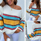 Women's Pullover Knit Sweater Autumn and Winter Clothing Women's Contrast Color Rainbow Striped Sweater