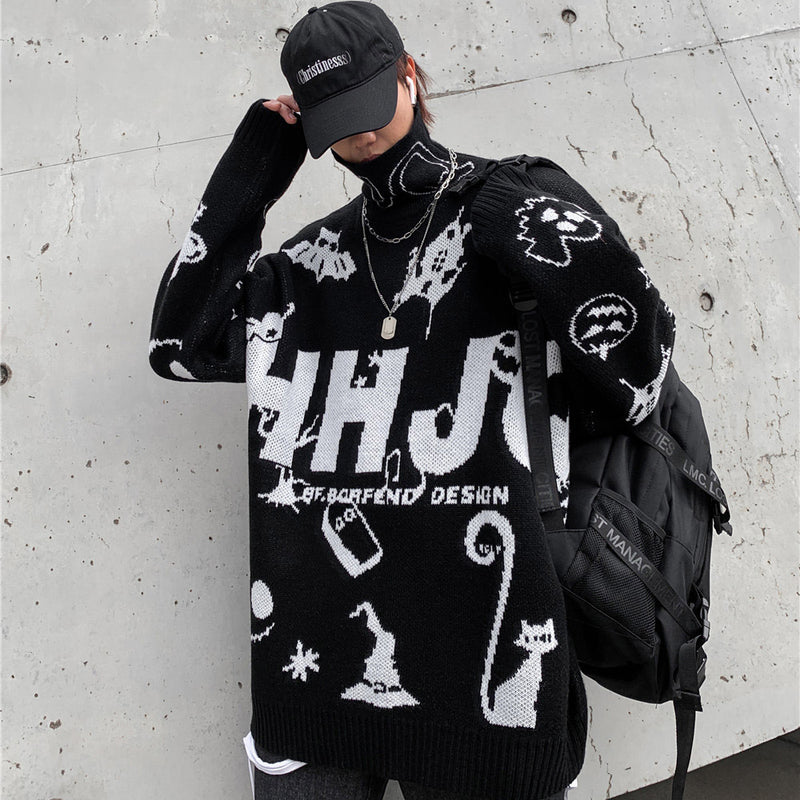 Men Sweater Dark Series Cartoon Fun Letters Brocade Sweater Men