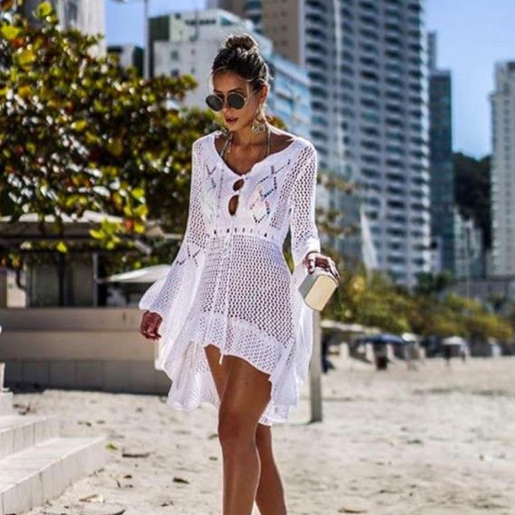 Coachella Music Festival Outfits Hollow out Knitted Dress Flare Sleeve Beach Jacket Sexy
