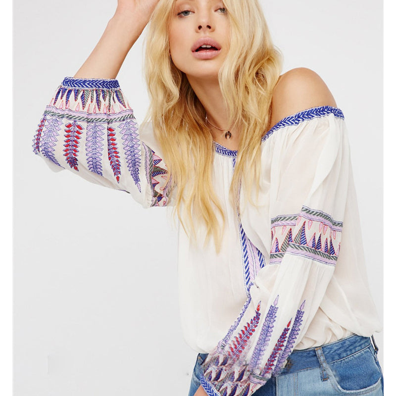 Beth Dutton Bohemian Dress Summer Spring Midi Dress Independent Station Ebay2018 Summer Foreign Trade European and American Bohemian Word Collar Machine Embroidery Blouse