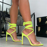 Hot Pink Heels Spring Fluorescent Color Cross Lace-up High-Heeled Sandals