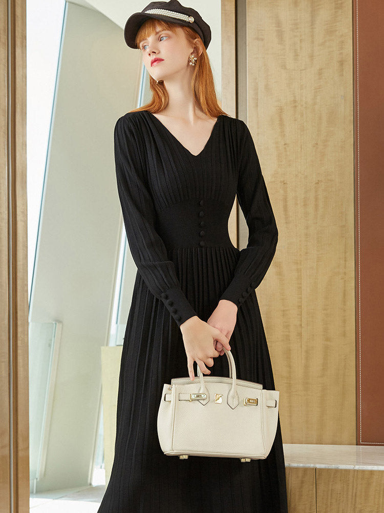 MIDI Mauve Cocktail Dress Autumn and Winter Vintage V-neck Pleated Sleeve Waist Slimming Dress Knitted