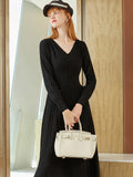 MIDI Mauve Cocktail Dress Autumn and Winter Vintage V-neck Pleated Sleeve Waist Slimming Dress Knitted