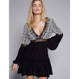 Beth Dutton Bohemian Dress Summer Spring Midi Dress Hollow out V-neck Embroidered High Waist Long Sleeve Dress