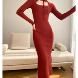 Long Sleeve Burgundy Dress Formal Autumn and Winter Cheongsam Split Dress Vintage Dress