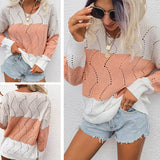 Women Pullover Knit Sweater Autumn Hollow Sweater Striped Color Matching Sweater for Women