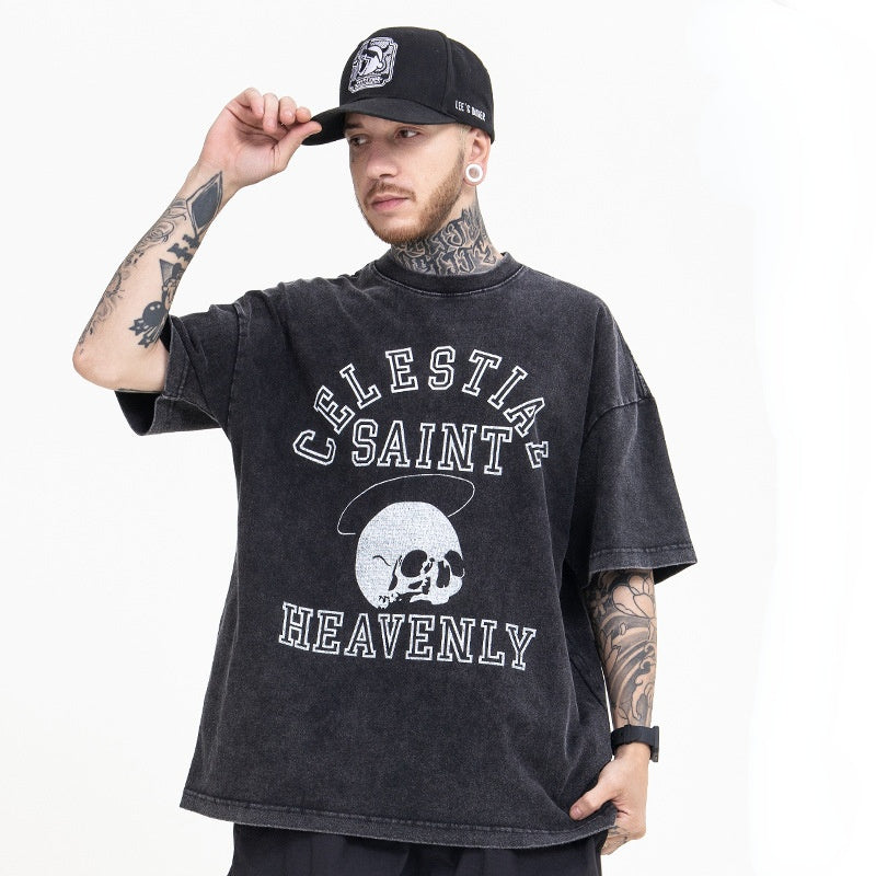 Skull T Shirt Fried Letters Skull Print Loose