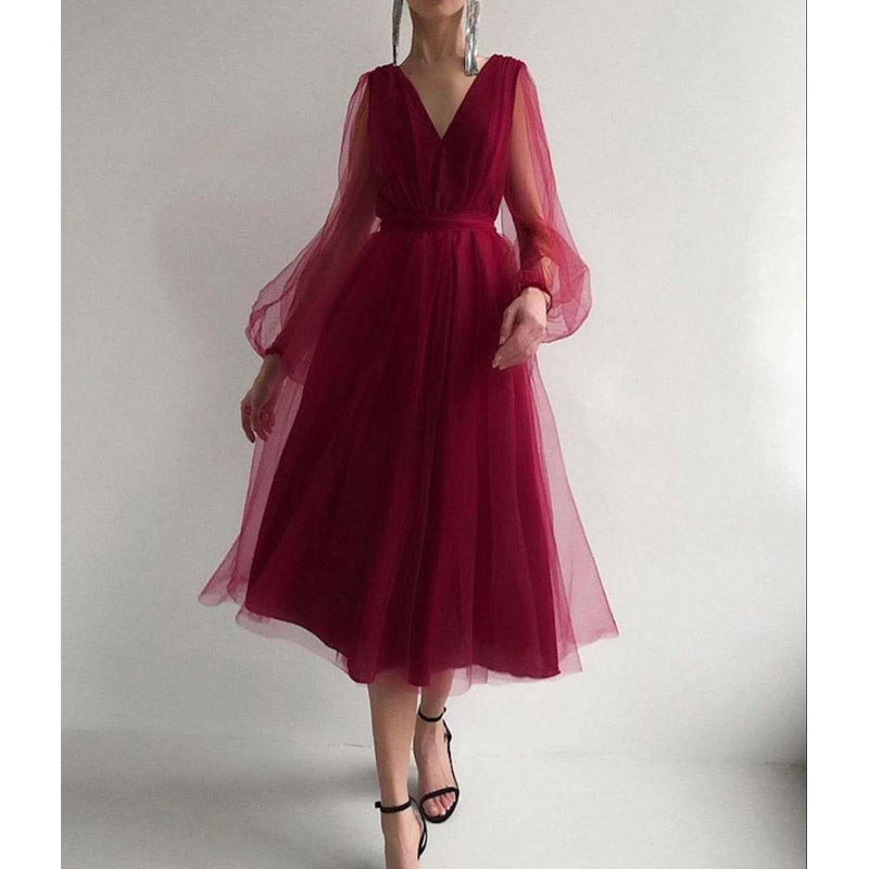 Burgundy Dress Formal Dress Women's Vintage Burgundy Lantern Sleeve