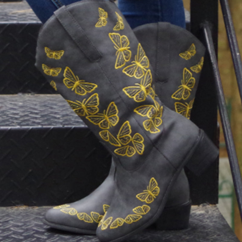 Beth Dutton Shoes West Embroidered Denim Butterfly Middle Boots