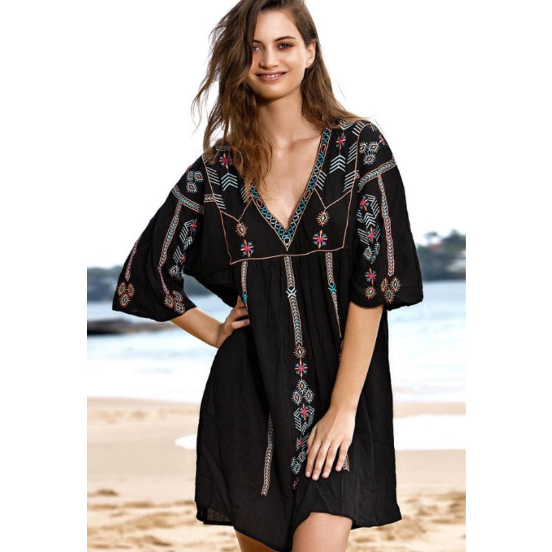 Beth Dutton Bohemian Dress Summer Spring Midi Dress Summer Cross-Body Embroidered V-neck High Waist Short Sleeve Dress