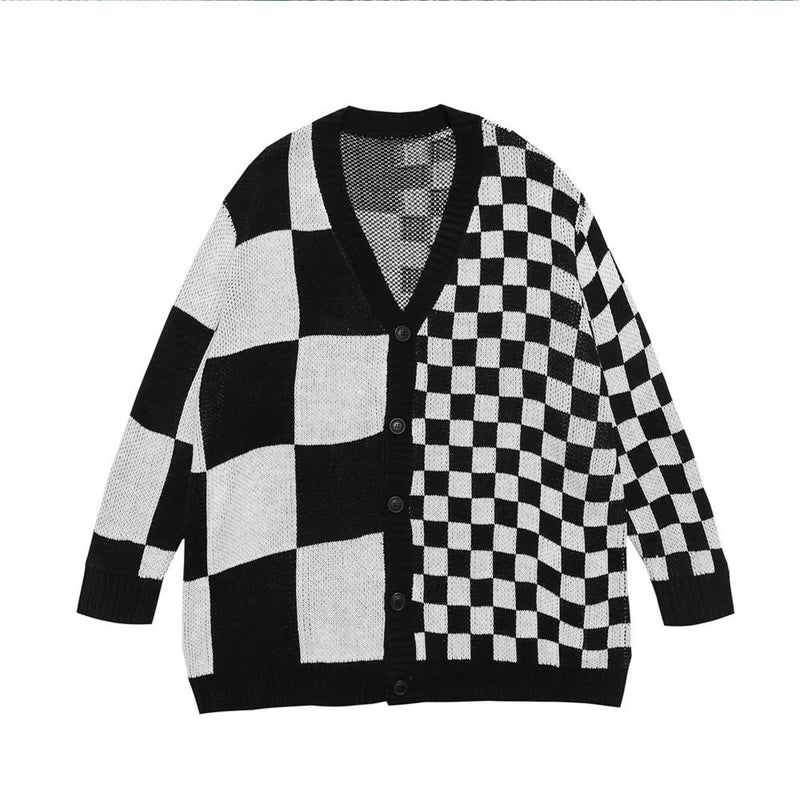 Men Sweater Irregular Color Matching Plaid Knitwear Men's Loose Collar Sweater