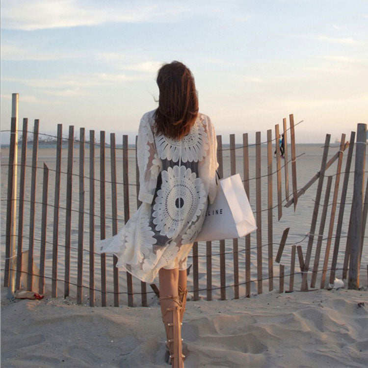 Coachella Music Festival Outfits 3/4 Sleeve Mid-Length Loose Lace Shirt Sun Protection Clothing for Women