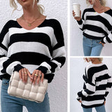 Women Pullover Knit Sweater Autumn and Winter Striped Stitching Sweater for Women
