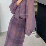 MIDI Mauve Skirt Fall/Winter Skirt Korean Style Thick Plaid Skirt for Women 92