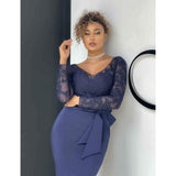 Burgundy Evening Dresses for Weddings Autumn and Winter Lace Long Sleeve Slim-Fit Sheath Dress