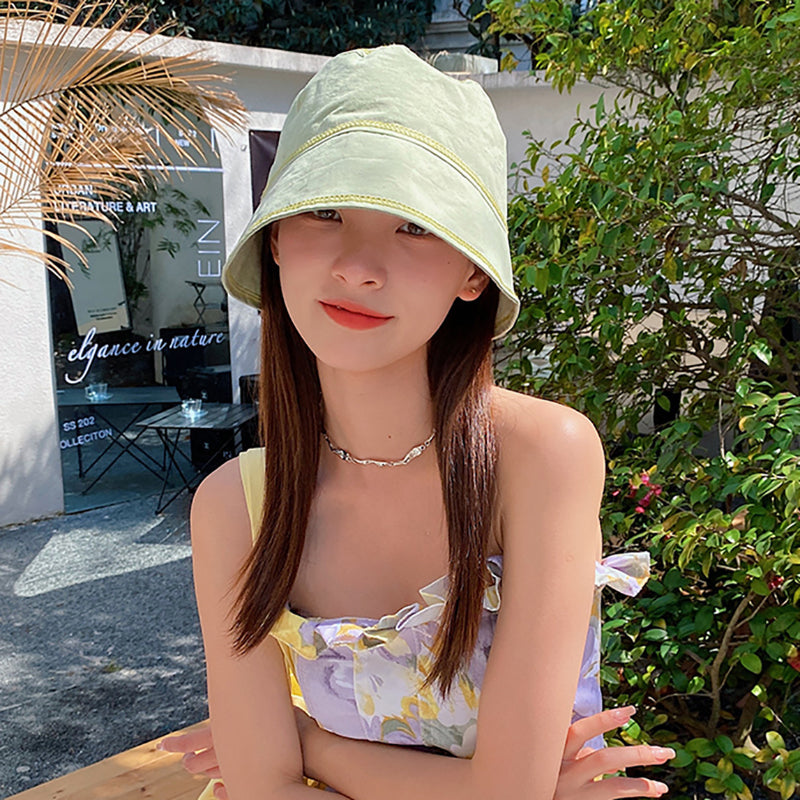 Women Bucket Hat Green Bucket Hat Sun-Proof Basin Hat Solid Color