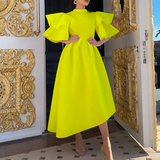 Taffeta Dress Ruffle Sleeve Solid Color Double Layer Dress Gown