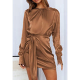 Taffeta Dress Satin Dress Long Sleeve Elastic Lace-up Waist Elegant Formal Dress