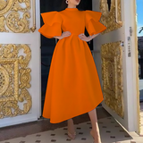Taffeta Dress Ruffle Sleeve Solid Color Double Layer Dress Gown