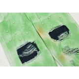 Man Fall Outfits Loose Straight Pearl Tie-Dyed Ripped Fashion Brand Wide-Leg Pants Tide