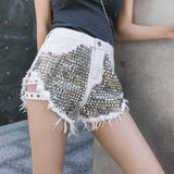 Women Jean Shorts Side with Spikes Denim Shorts Loose Hole High Waist Jeans