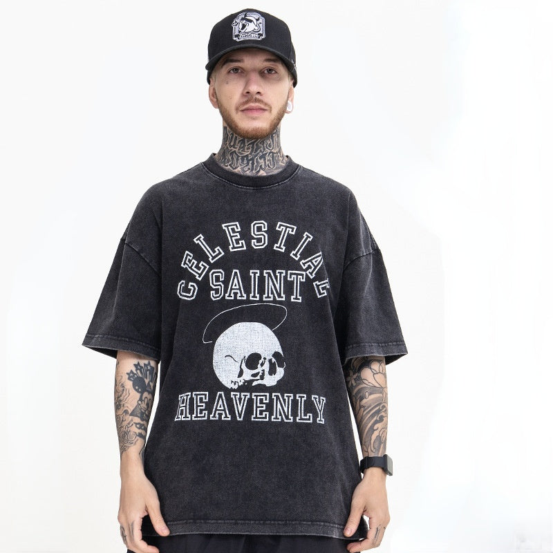 Skull T Shirt Fried Letters Skull Print Loose