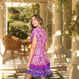 Coachella Music Festival Outfits Bohemian Beach Short Sleeve Deep V Large Hem Pleated Printed Dress