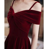 Burgundy Dress Formal Sling Velvet Engagement Dress Women