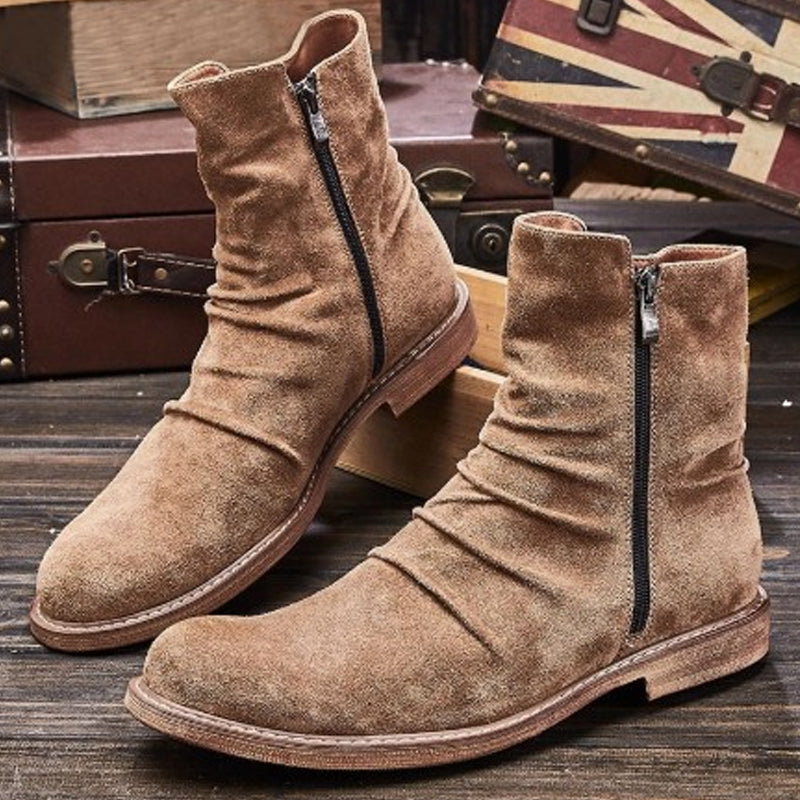 Western Shoes Fashion Squared Head Short Pure Color Casual Versatile Men's Boots