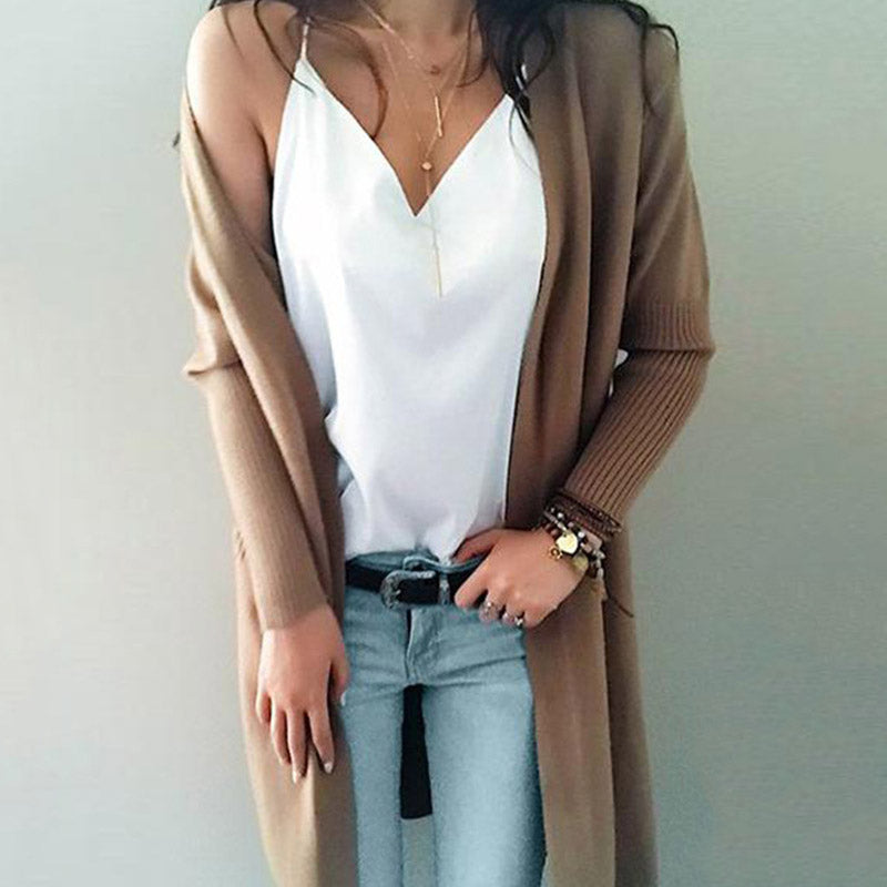 Women's Cardigan Knit Sweater Autumn and Winter Sweater Double Pocket Mid-Length Knitted Cardigan Sweater for Women