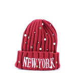 Yankee Winter Hat Hat Letter Pearl Embroidered Knitted Woolen Cap