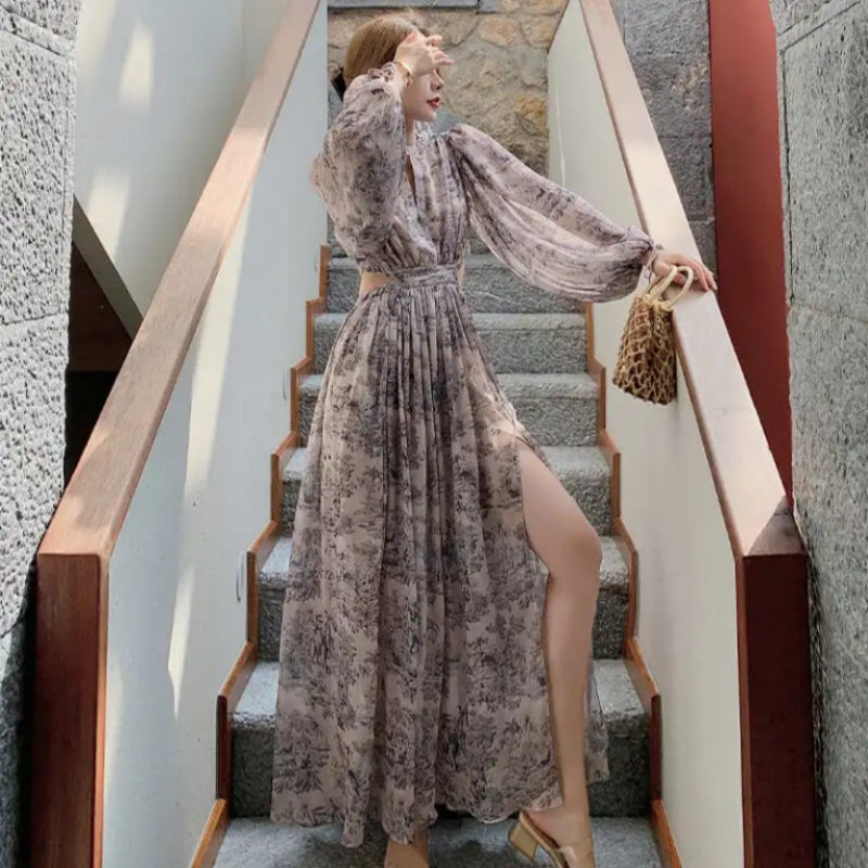 Gypsy Style Dresses Long Sleeve Seaside Vacation Chiffon Beach Dress Floral
