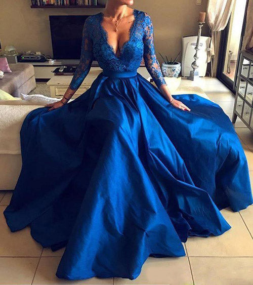 Long Homecoming Dresses Long Sleeve See-through Lace V-neck Evening Dress