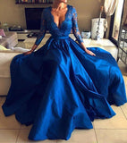 Long Homecoming Dresses Long Sleeve See-through Lace V-neck Evening Dress
