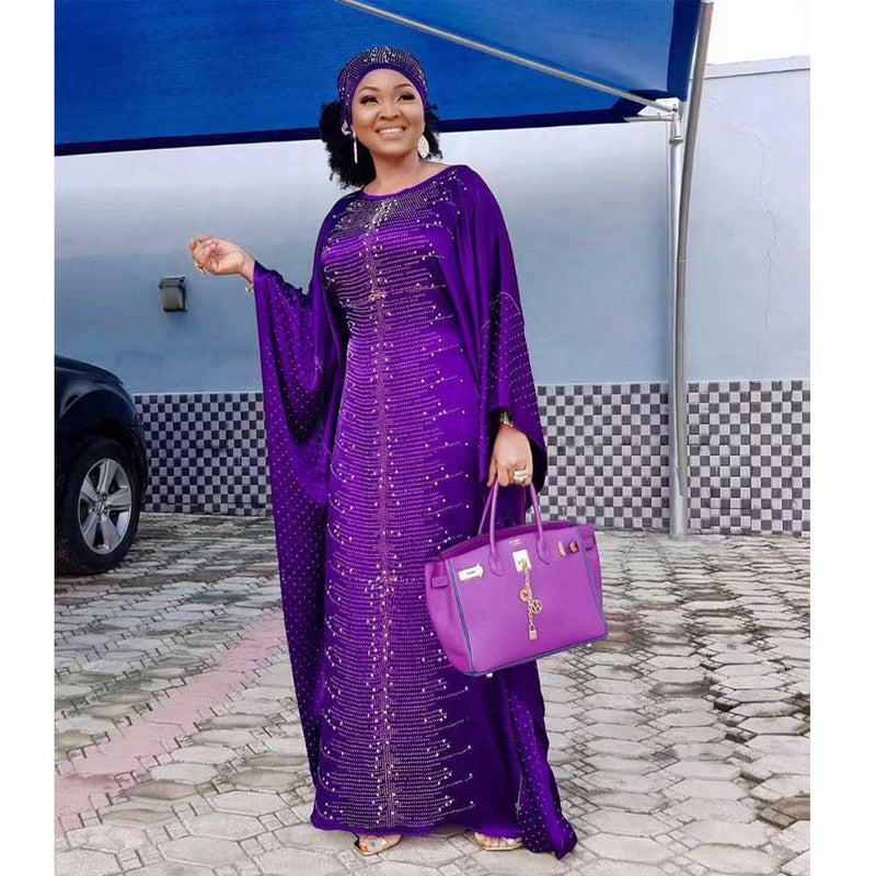 Silk Satin round Neck Wide Batwing Sleeve Robe with African Dashiki Ankara Styles Dress