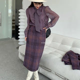 MIDI Mauve Skirt Fall/Winter Skirt Korean Style Thick Plaid Skirt for Women 92