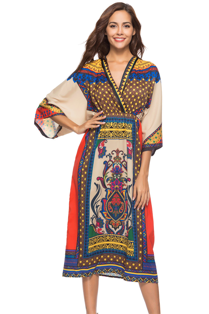 Gypsy Girl Outfits V-neck Half Sleeves Printed Dress