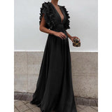 Burgundy Evening Dresses for Weddings Women's Dress Sexy V-neck Ruffle Sleeve Dress
