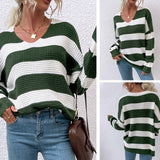 Women Pullover Knit Sweater Autumn and Winter Striped Stitching Sweater for Women
