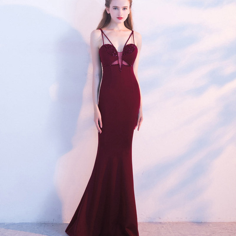 Burgundy Dress Formal Elegant Slim Black Mermaid Host Dress